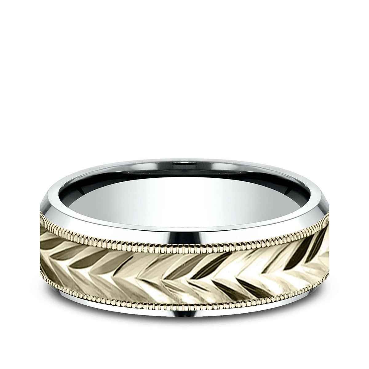 Benchmark Men's 7mm Beveled Edge Carve Wedding Ring in 10K White & Yellow Gold