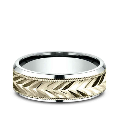 Benchmark Men's 7mm Beveled Edge Carve Wedding Ring in 10K White & Yellow Gold