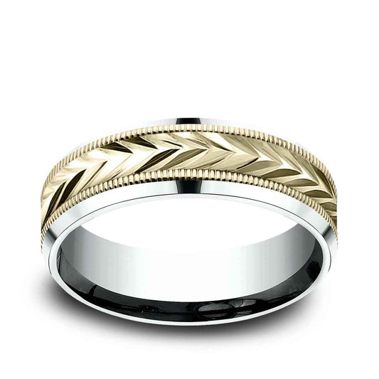 Benchmark Men's 7mm Beveled Edge Carve Wedding Ring in 10K White & Yellow Gold