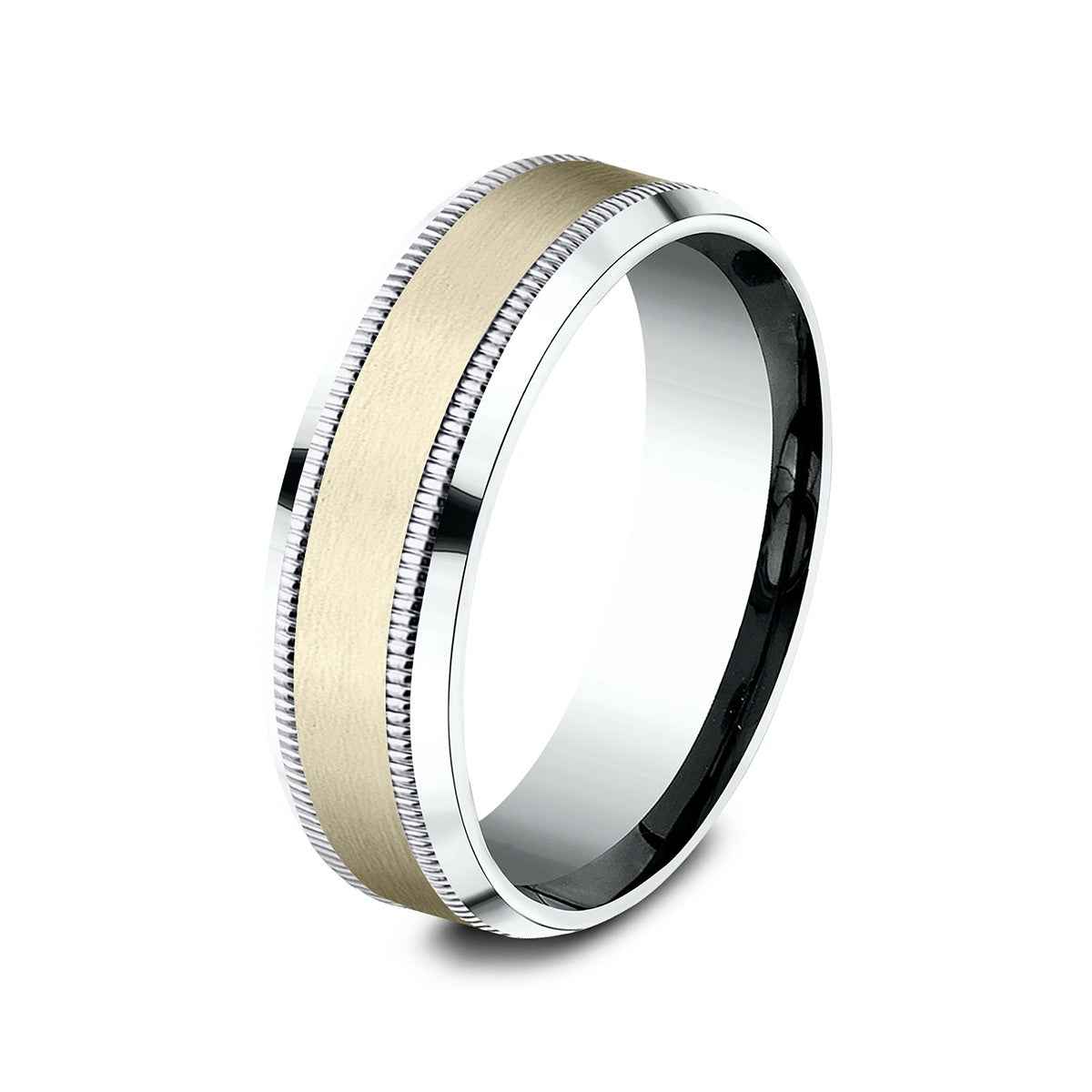 Benchmark Men's 7mm Beveled Edge Milgrain Wedding Ring in 10K White & Yellow Gold