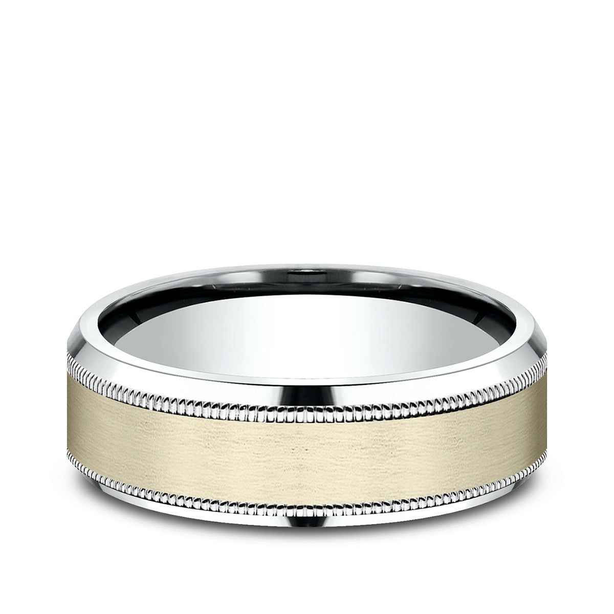 Benchmark Men's 7mm Beveled Edge Milgrain Wedding Ring in 10K White & Yellow Gold