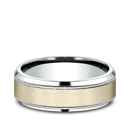 Benchmark Men's 7mm Beveled Edge Milgrain Wedding Ring in 10K White & Yellow Gold