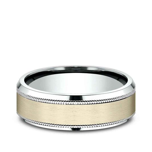 Benchmark Men's 7mm Beveled Edge Milgrain Wedding Ring in 10K White & Yellow Gold