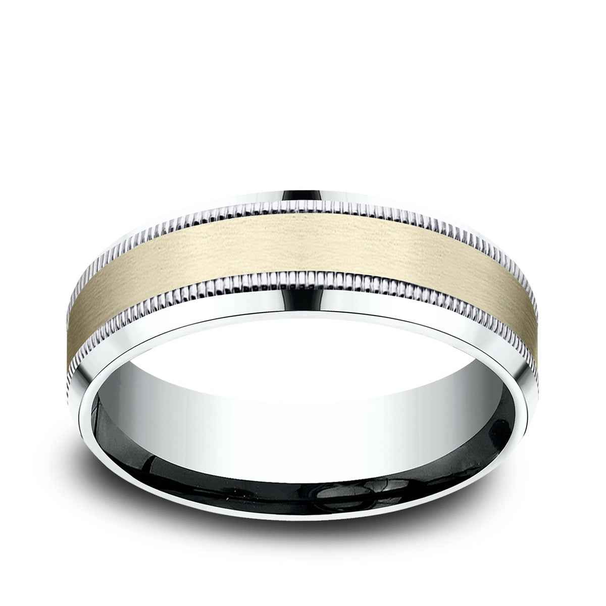 Benchmark Men's 7mm Beveled Edge Milgrain Wedding Ring in 10K White & Yellow Gold