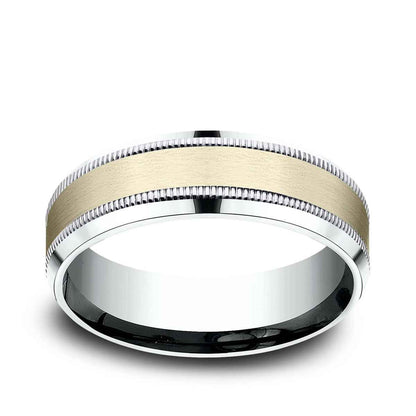 Benchmark Men's 7mm Beveled Edge Milgrain Wedding Ring in 10K White & Yellow Gold