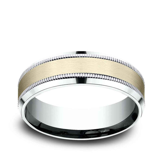 Benchmark Men's 7mm Beveled Edge Milgrain Wedding Ring in 10K White & Yellow Gold