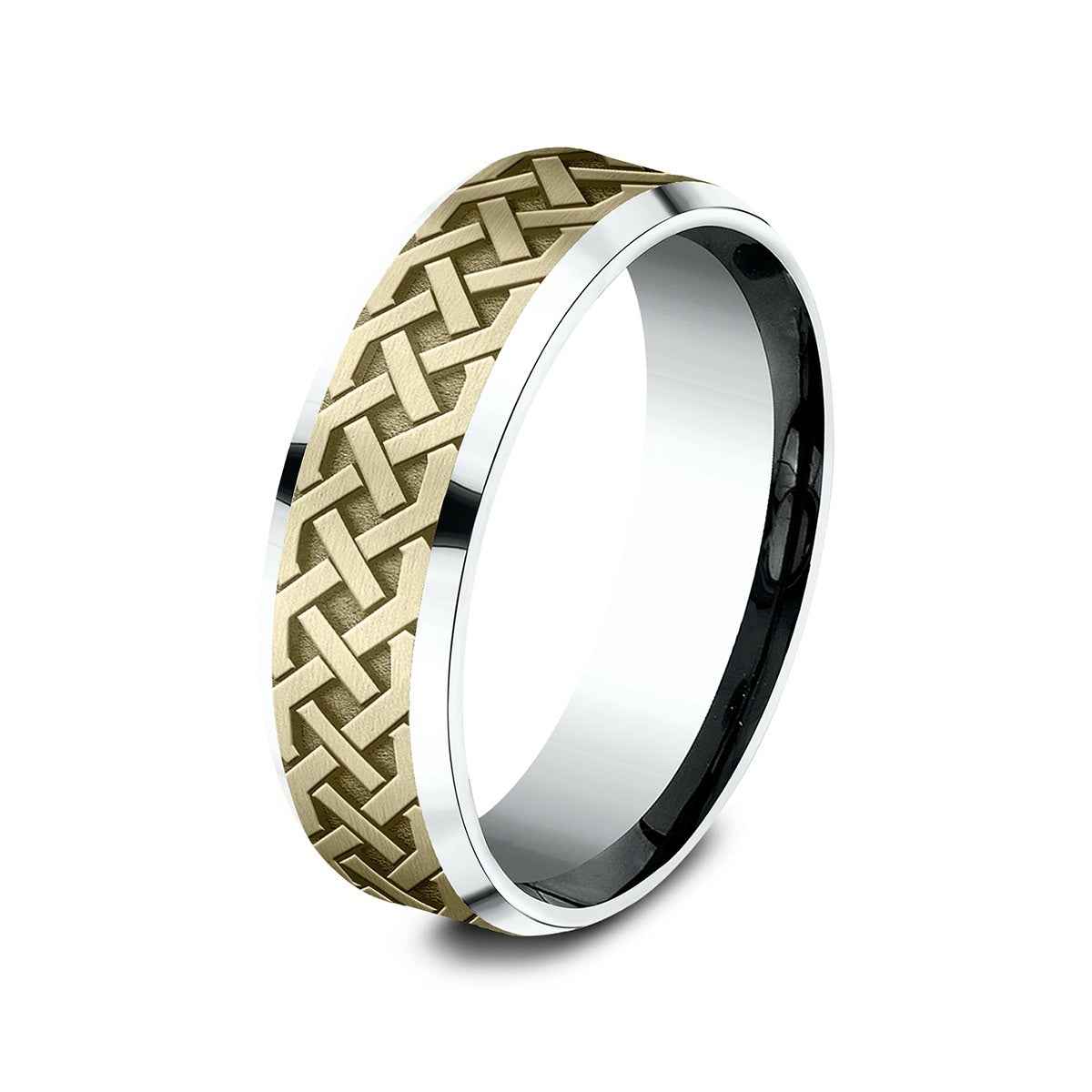 Benchmark Men's 7mm Beveled Edge Celtic Knot Wedding Ring in 10K White & Yellow Gold