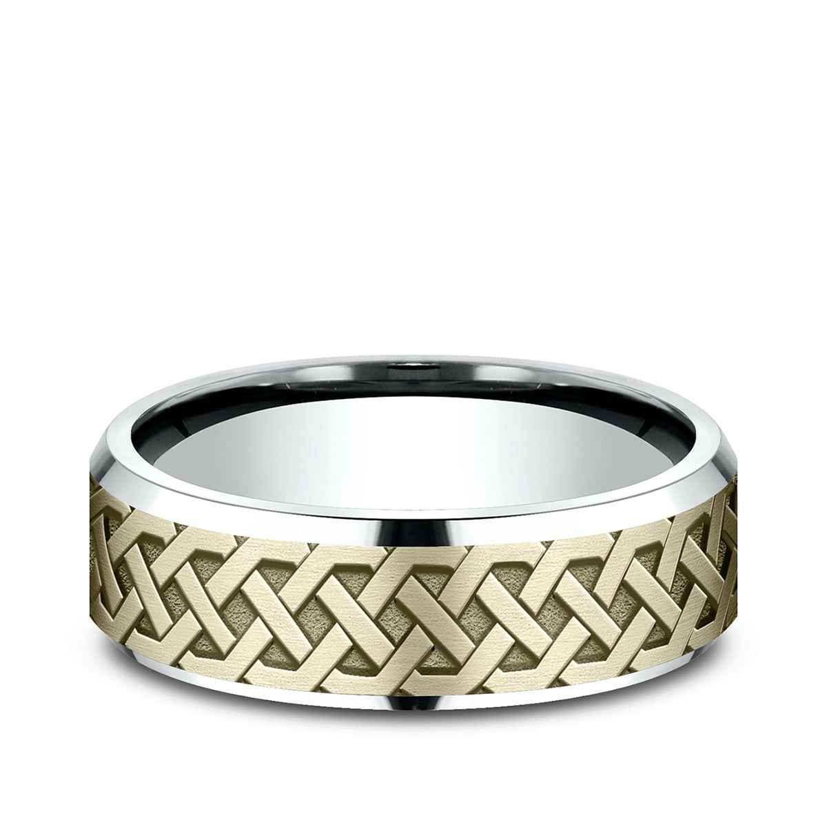 Benchmark Men's 7mm Beveled Edge Celtic Knot Wedding Ring in 10K White & Yellow Gold