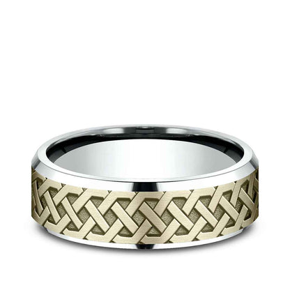 Benchmark Men's 7mm Beveled Edge Celtic Knot Wedding Ring in 10K White & Yellow Gold