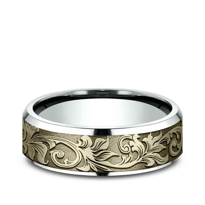 Benchmark Men's 7mm Beveled Edge Vintage Script Wedding Ring in 10K White & Yellow Gold
