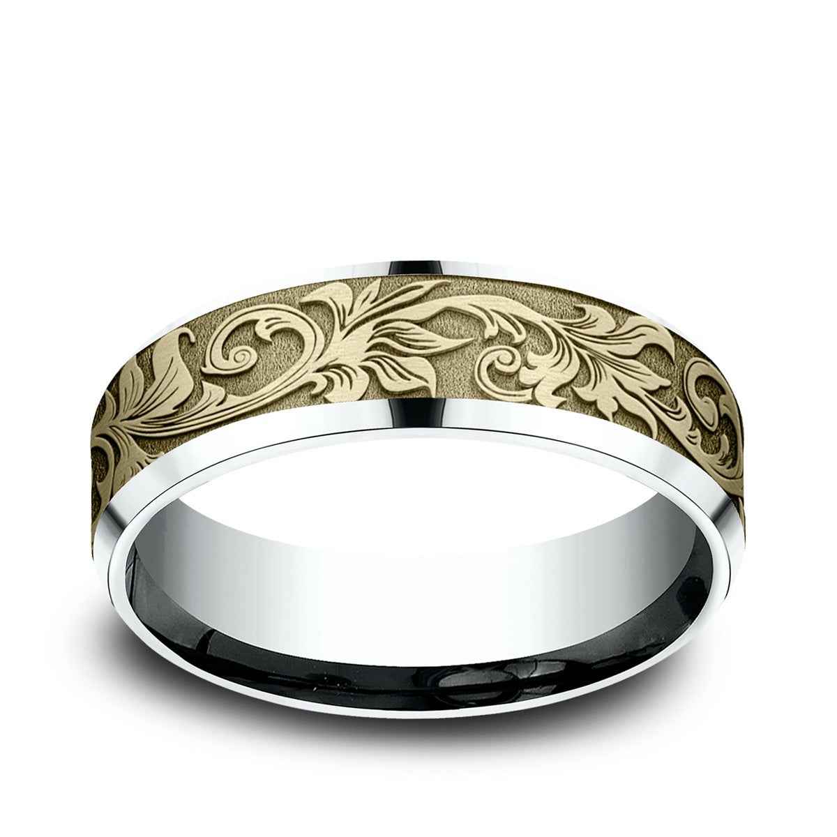 Benchmark Men's 7mm Beveled Edge Vintage Script Wedding Ring in 10K White & Yellow Gold