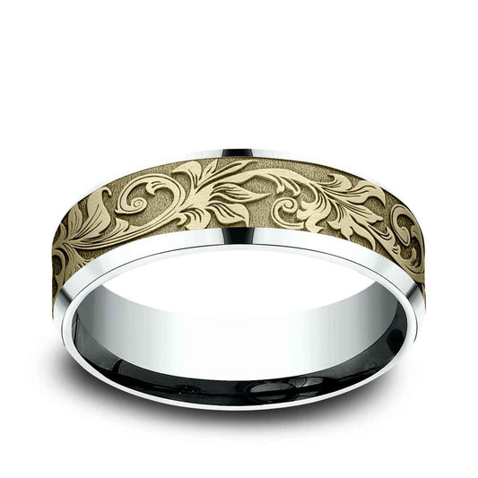 Benchmark Men's 7mm Beveled Edge Vintage Script Wedding Ring in 10K White & Yellow Gold