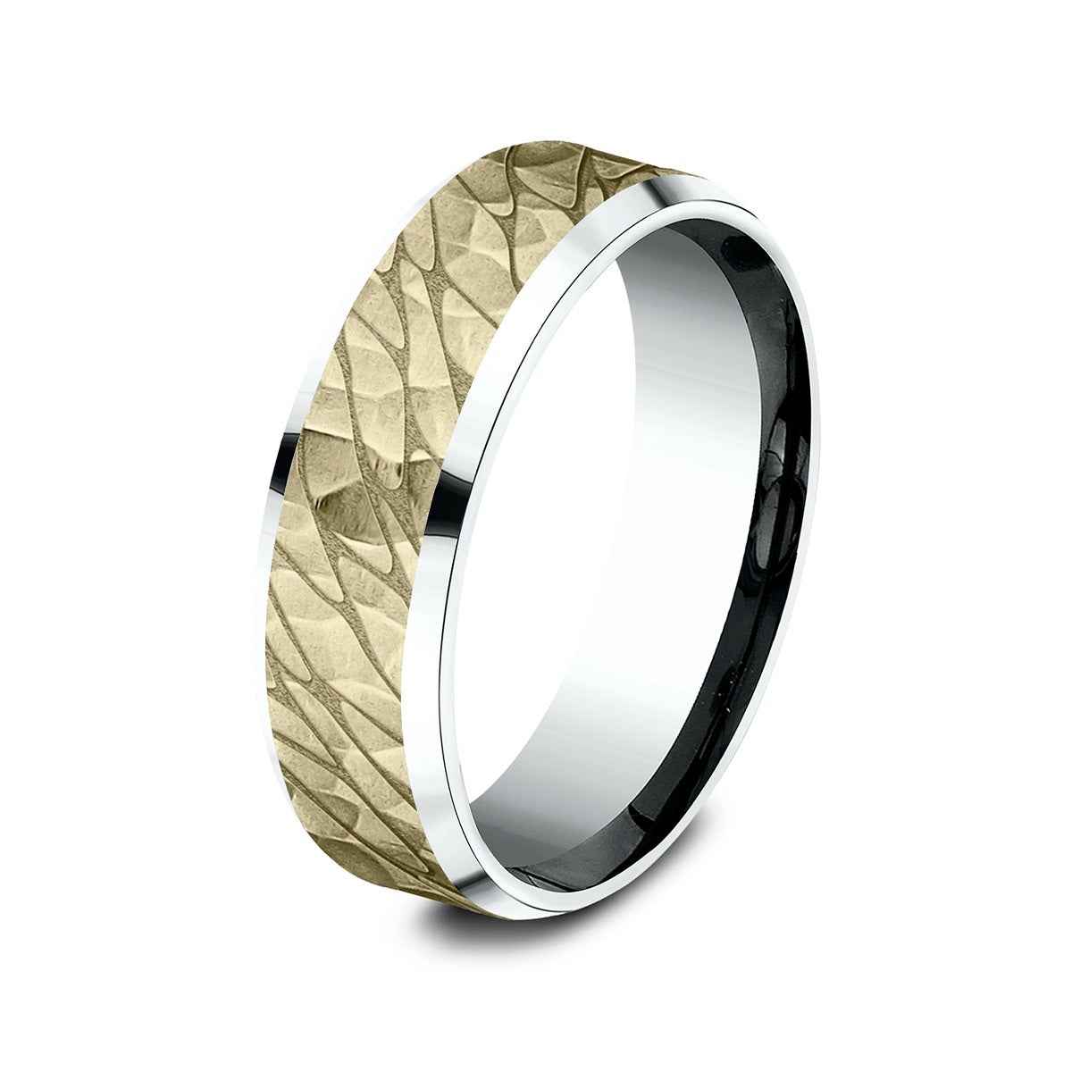 Benchmark Men's 7mm Beveled Edge Hammered Finish Wedding Ring in 10K White & Yellow Gold