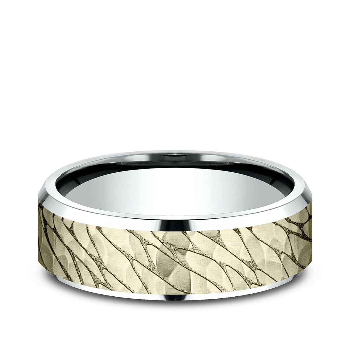 Benchmark Men's 7mm Beveled Edge Hammered Finish Wedding Ring in 10K White & Yellow Gold