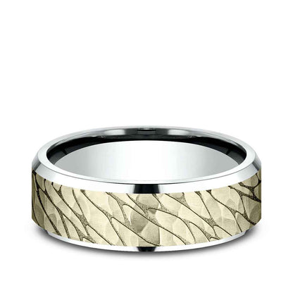 Benchmark Men's 7mm Beveled Edge Hammered Finish Wedding Ring in 10K White & Yellow Gold