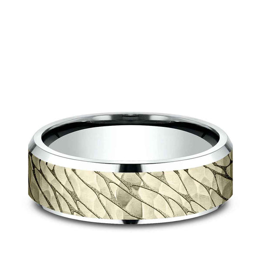 Benchmark Men's 7mm Beveled Edge Hammered Finish Wedding Ring in 10K White & Yellow Gold