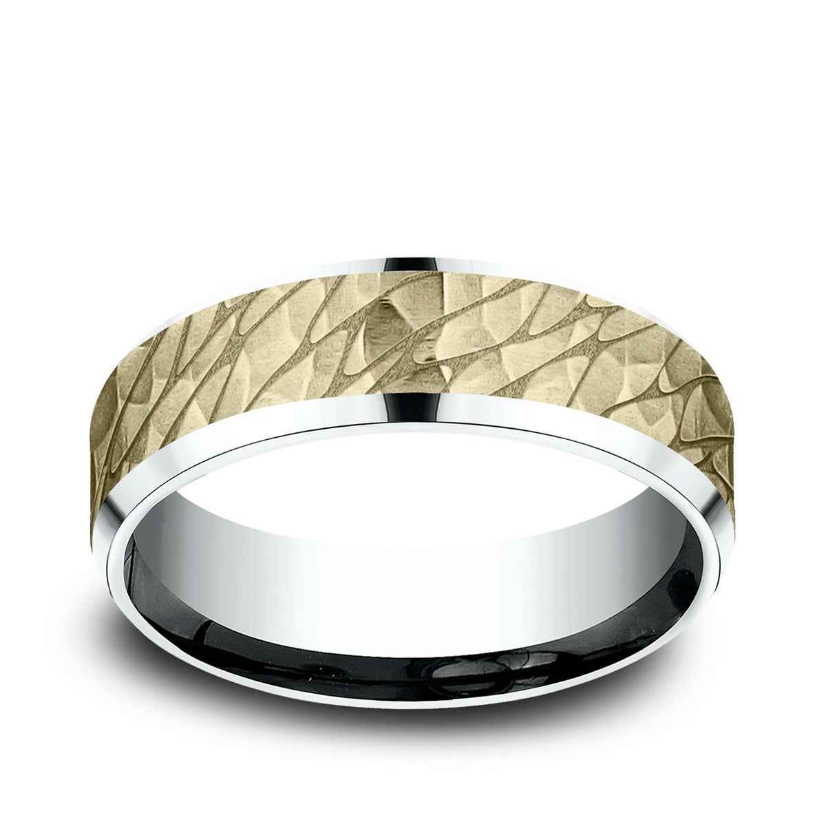 Benchmark Men's 7mm Beveled Edge Hammered Finish Wedding Ring in 10K White & Yellow Gold