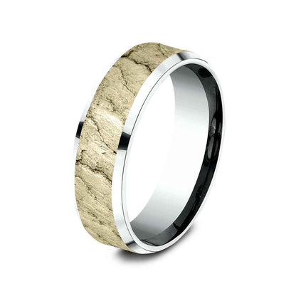 Benchmark Men's 7mm Beveled Edge Lava Texture Wedding Ring in 10K White & Yellow Gold