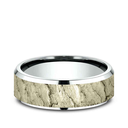 Benchmark Men's 7mm Beveled Edge Lava Texture Wedding Ring in 10K White & Yellow Gold