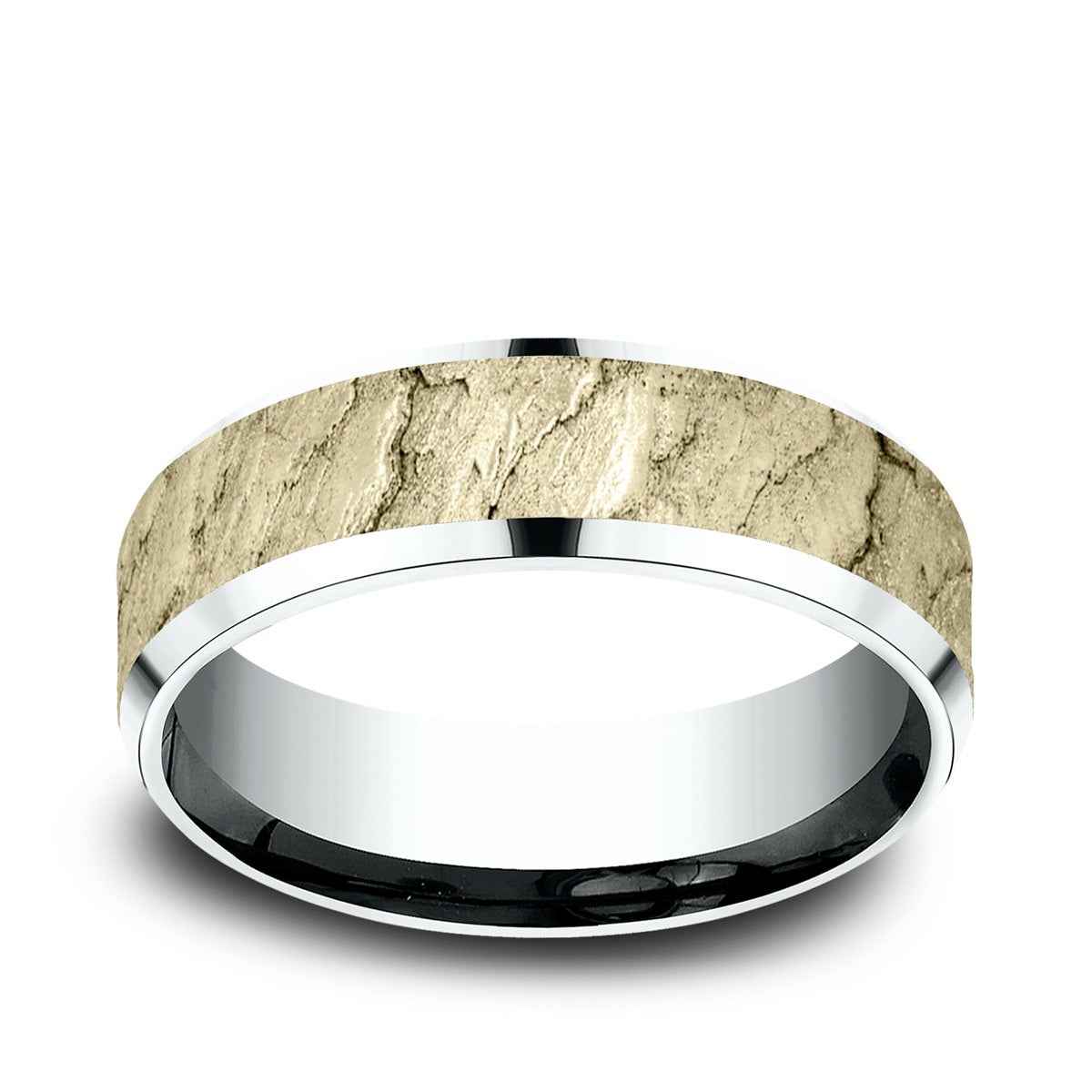 Benchmark Men's 7mm Beveled Edge Lava Texture Wedding Ring in 10K White & Yellow Gold
