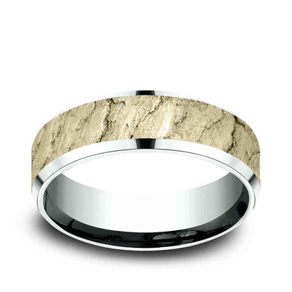 Benchmark Men's 7mm Beveled Edge Lava Texture Wedding Ring in 10K White & Yellow Gold