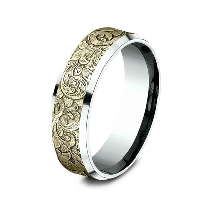 Benchmark Men's 7mm Beveled Edge London Script Wedding Ring in 10K White & Yellow Gold