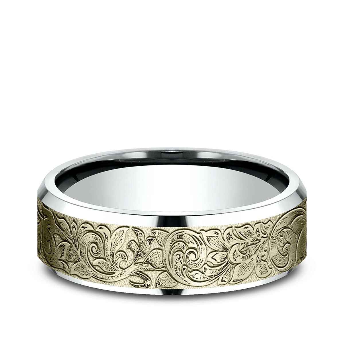 Benchmark Men's 7mm Beveled Edge London Script Wedding Ring in 10K White & Yellow Gold