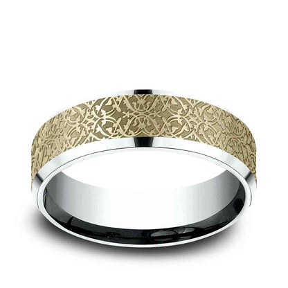 Benchmark Men's 7mm Beveled Edge Ottoman Finish Wedding Ring in 10K White & Yellow Gold