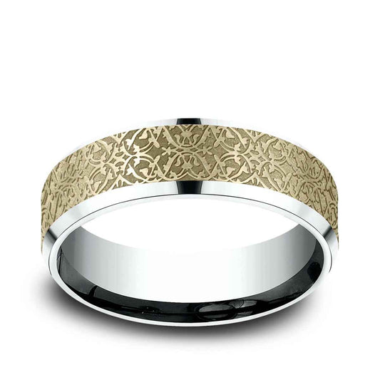 Benchmark Men's 7mm Beveled Edge Ottoman Finish Wedding Ring in 10K White & Yellow Gold