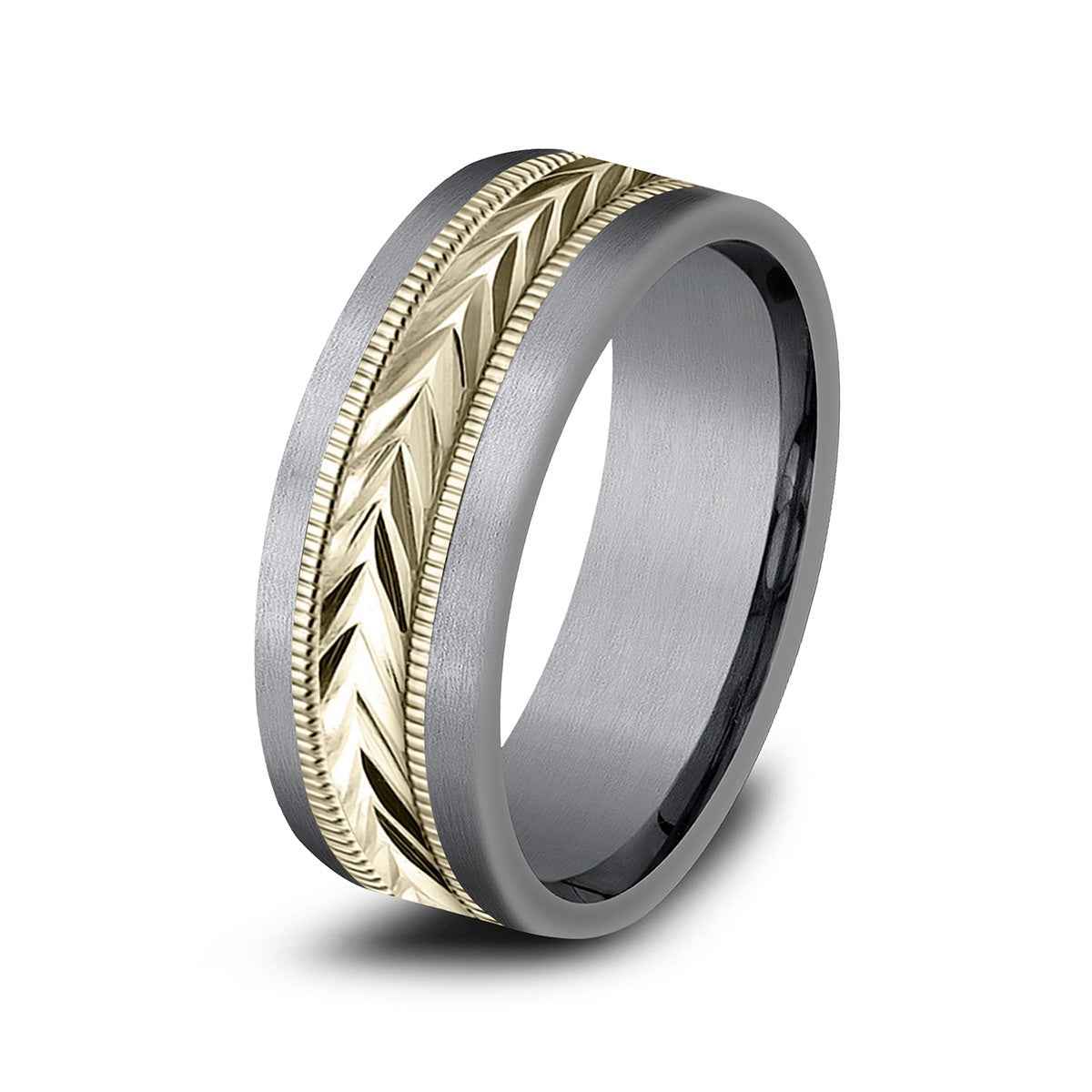 Benchmark Men's 7mm Straight Edge Carved Wedding Ring in Grey Tantalum & 14K Yellow Gold