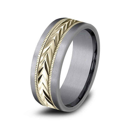 Benchmark Men's 7mm Straight Edge Carved Wedding Ring in Grey Tantalum & 14K Yellow Gold