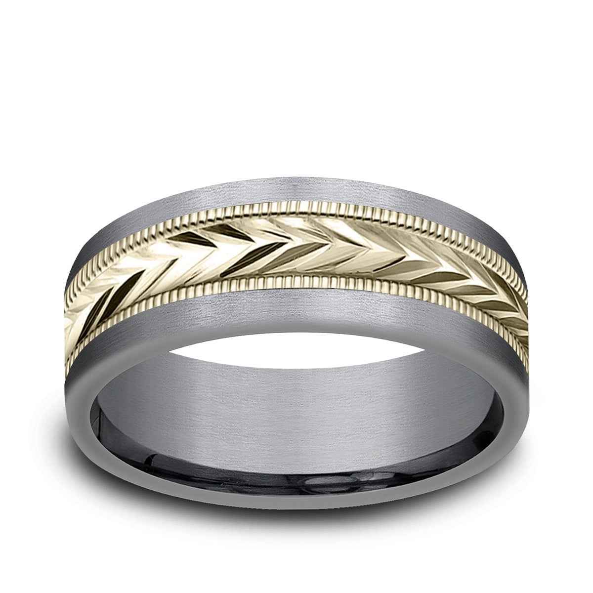 Benchmark Men's 7mm Straight Edge Carved Wedding Ring in Grey Tantalum & 14K Yellow Gold