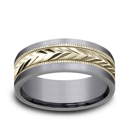 Benchmark Men's 7mm Straight Edge Carved Wedding Ring in Grey Tantalum & 14K Yellow Gold