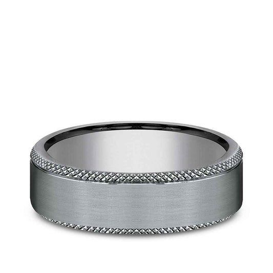 Benchmark Men's 6.5mm Knurl Edge Satin Finish Wedding Ring in Grey Tantalum