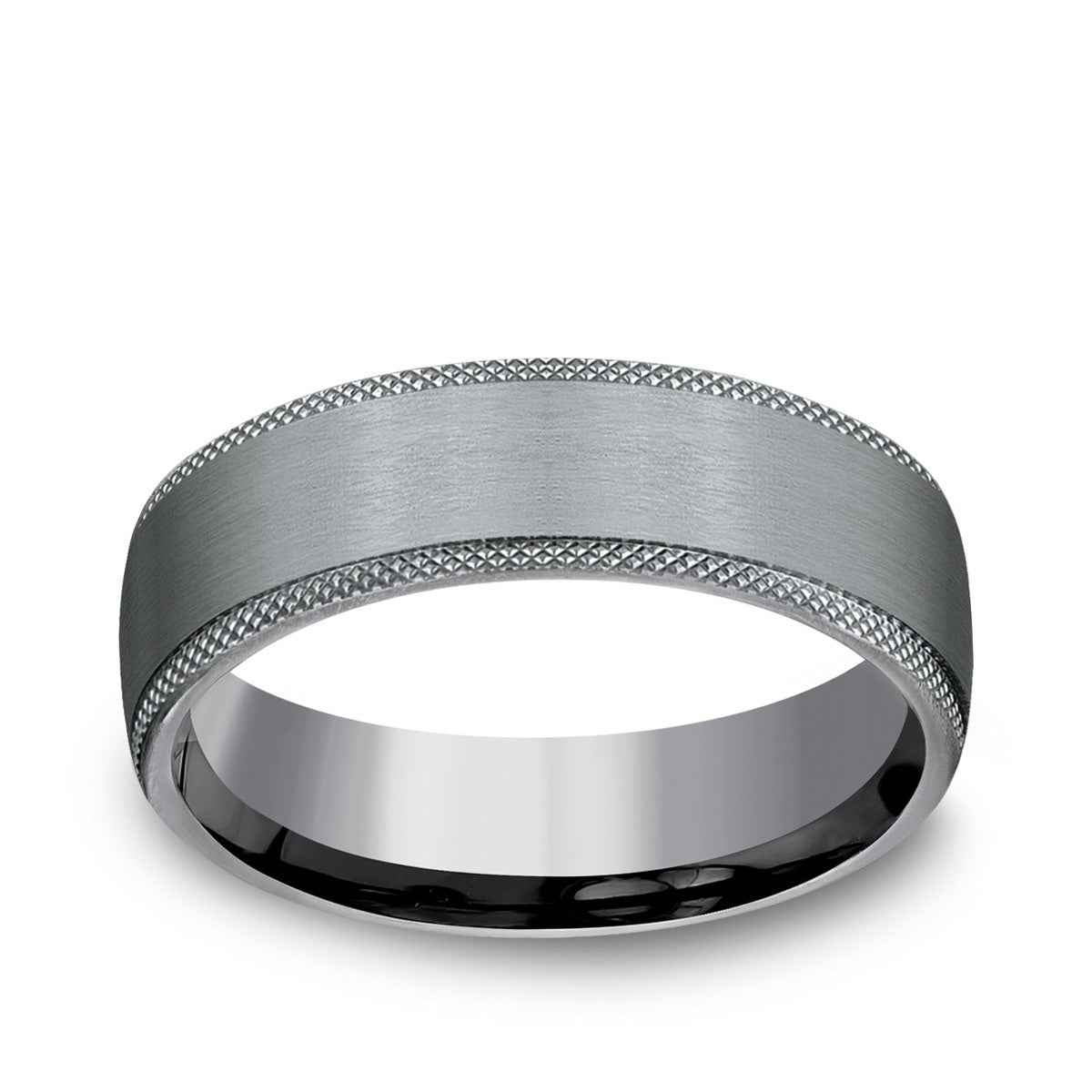 Benchmark Men's 6.5mm Knurl Edge Satin Finish Wedding Ring in Grey Tantalum