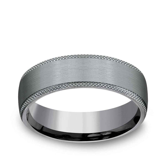 Benchmark Men's 6.5mm Knurl Edge Satin Finish Wedding Ring in Grey Tantalum