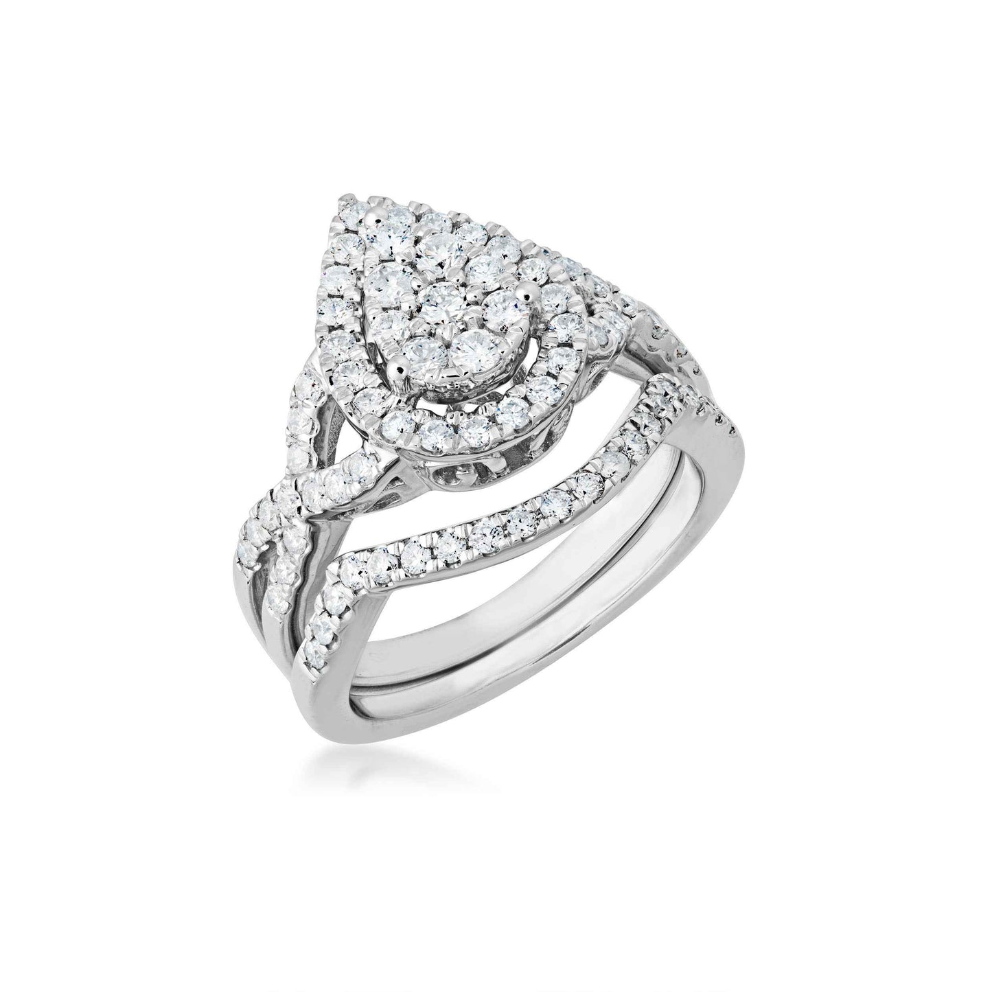 Fairytale Diamonds 1 ct. tw. Diamond Pear-Shaped Cluster Twist Wedding Set in 10K White Gold front view