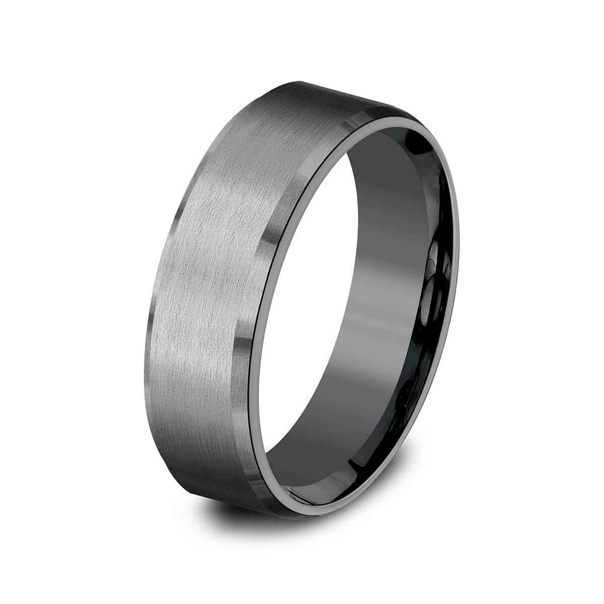 Benchmark Men's 7mm Bevel Edge Satin Finish Wedding Ring in Dark Tantalum