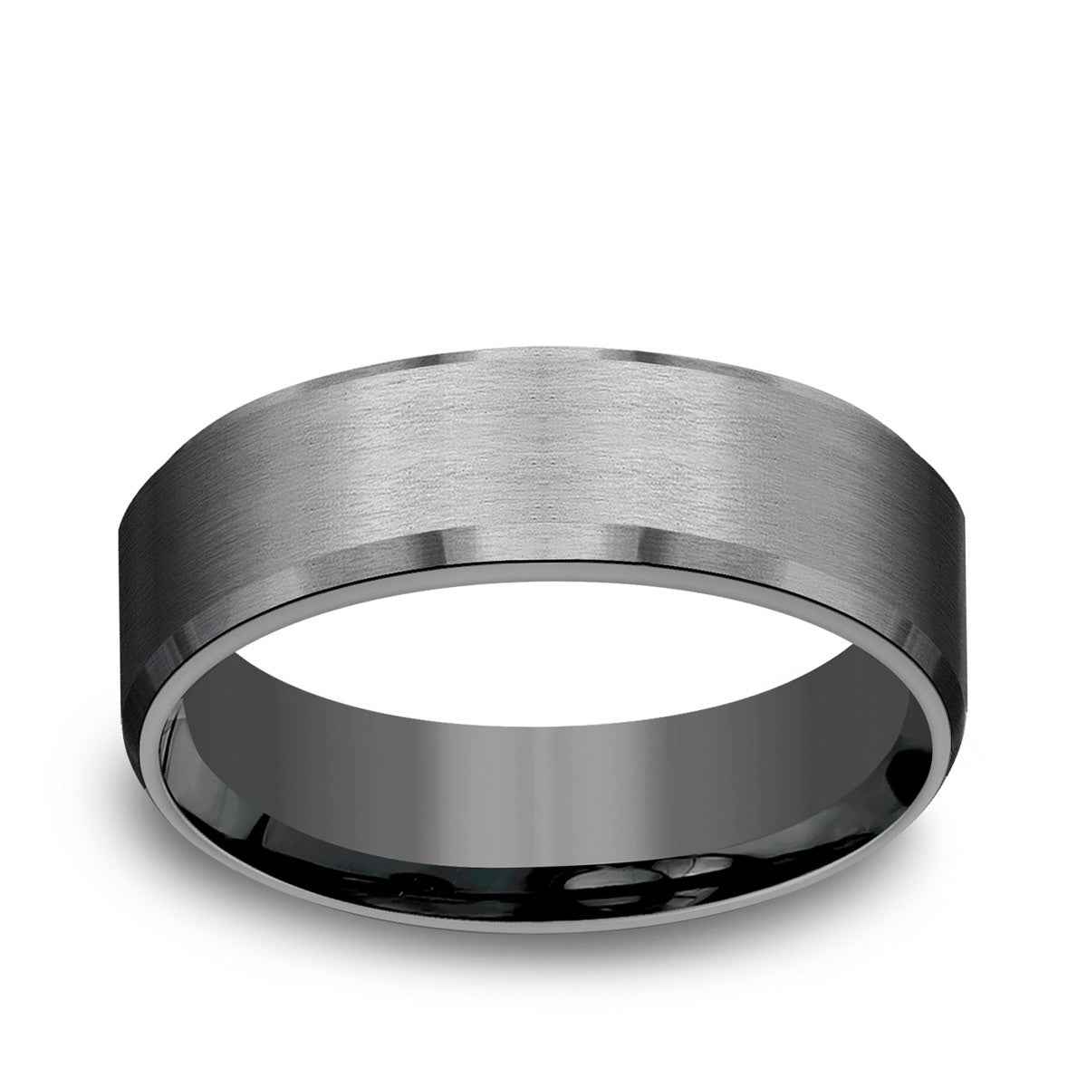 Benchmark Men's 7mm Bevel Edge Satin Finish Wedding Ring in Dark Tantalum
