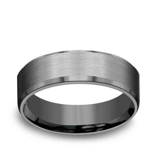 Benchmark Men's 7mm Bevel Edge Satin Finish Wedding Ring in Dark Tantalum