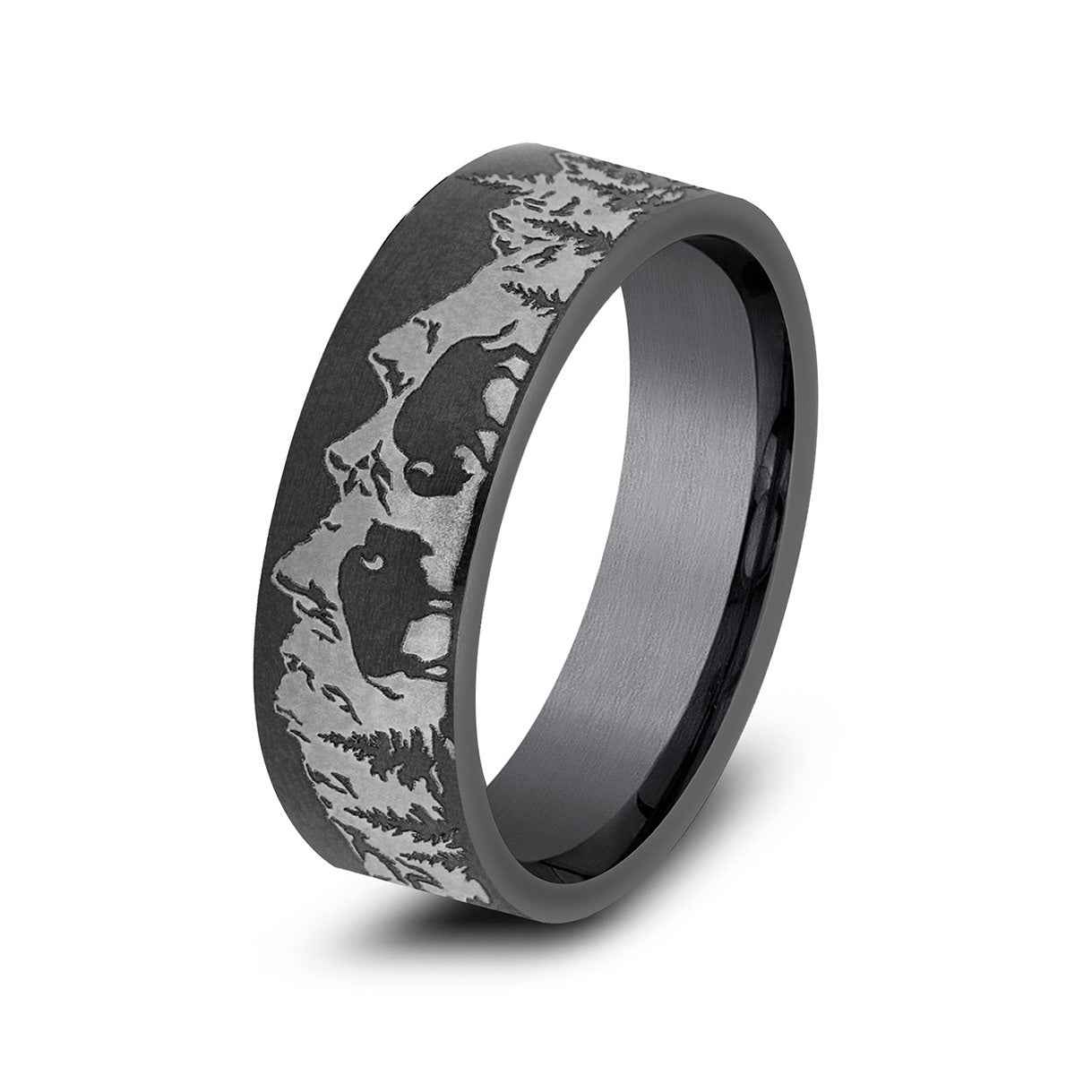 Benchmark Men's 6.5mm Mountain Buffalo Design Wedding Ring in Dark Tantalum