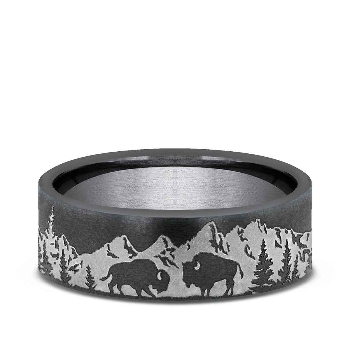 Benchmark Men's 6.5mm Mountain Buffalo Design Wedding Ring in Dark Tantalum