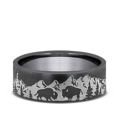 Benchmark Men's 6.5mm Mountain Buffalo Design Wedding Ring in Dark Tantalum