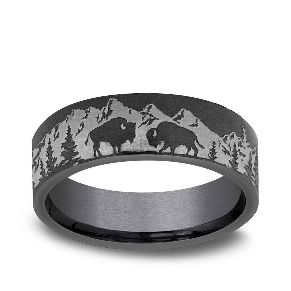 Benchmark Men's 6.5mm Mountain Buffalo Design Wedding Ring in Dark Tantalum