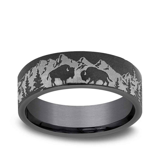 Benchmark Men's 6.5mm Mountain Buffalo Design Wedding Ring in Dark Tantalum