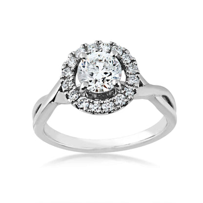 Natural 1-1/3 ct. tw. Round Brilliant Diamond Halo Twist Engagement Ring in 14K White Gold