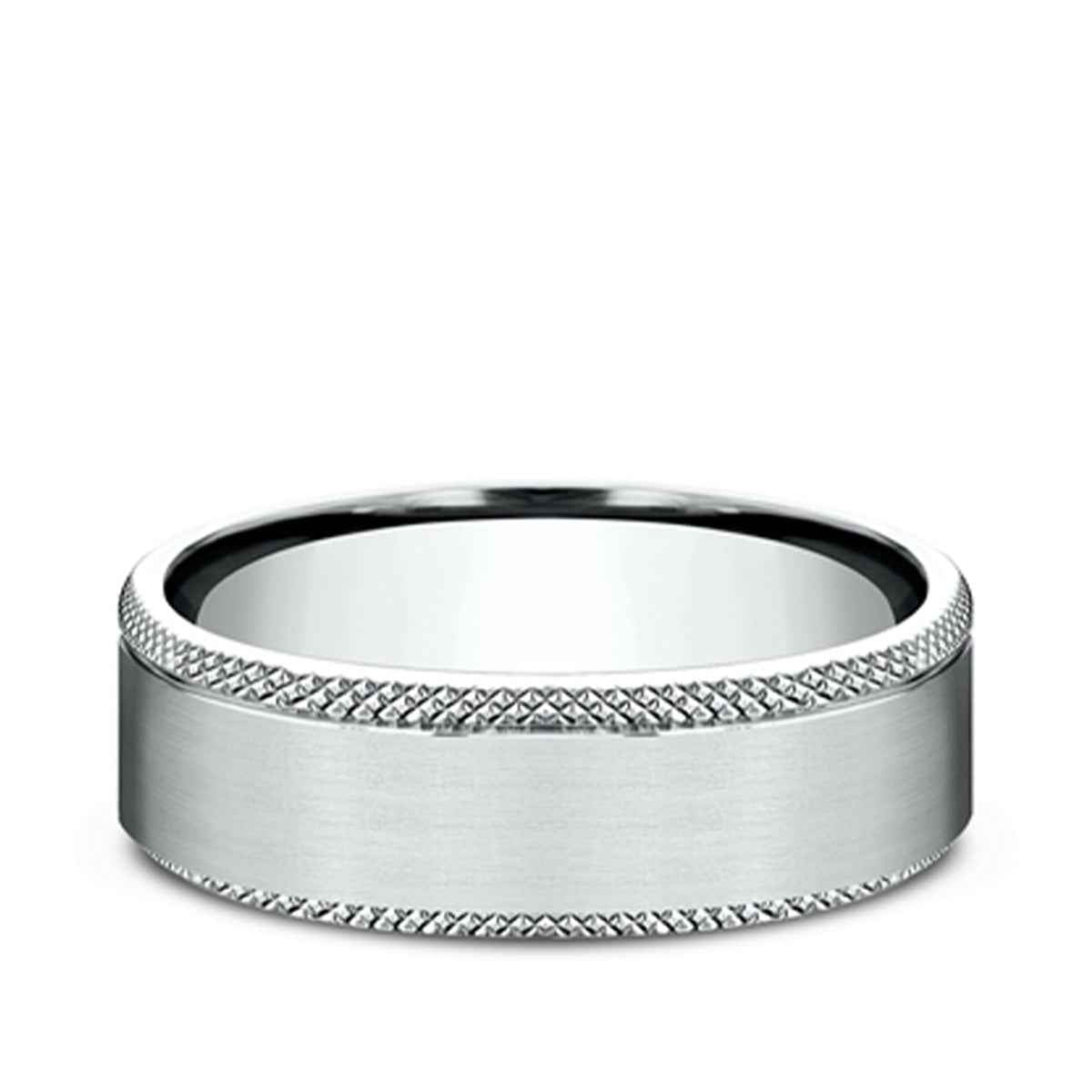 Benchmark Men's 6.5mm Knurl Edge Satin Finish Wedding Ring in 10K White Gold