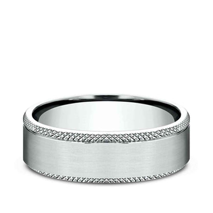 Benchmark Men's 6.5mm Knurl Edge Satin Finish Wedding Ring in 10K White Gold