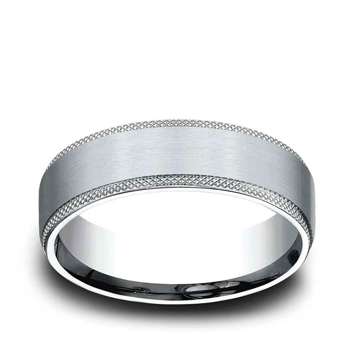 Benchmark Men's 6.5mm Knurl Edge Satin Finish Wedding Ring in 10K White Gold