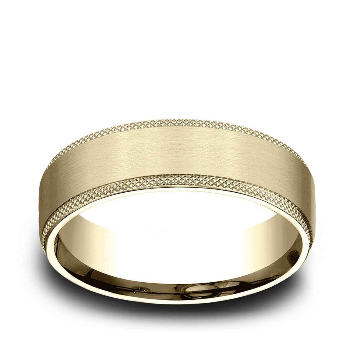 Benchmark Men's 6.5mm Knurl Edge Satin Finish Wedding Ring in 10K Yellow Gold